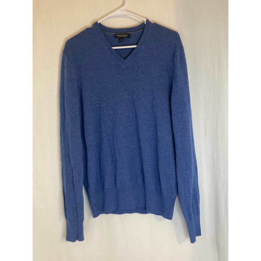 Banana Republic Men's V Neck Sweater Size L Blue 100% Merino Extra Fine Wool
